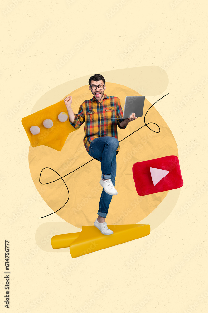 Poster Image vertical collage artwork poster of overjoyed guy rejoice popularity promoting youtube channel blob vlog isolated on beige background