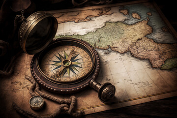 Fototapeta na wymiar Compass on an old map. Travels and adventures. AI Generated