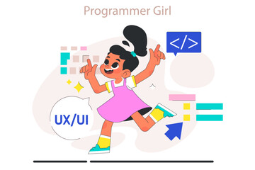 Little girl do programming. Computer science, AI, game technologies