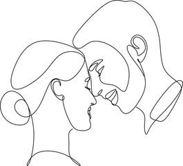 The silhouette of kissing couple faces drawn in one continuous line. Vector illustration