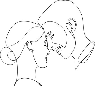 recommend clip art: The silhouette of kissing couple faces drawn in one continuous line. Vector illustration