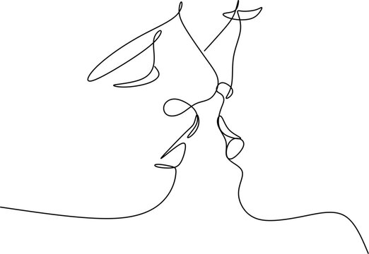 recommend clip art: The silhouette of kissing couple faces drawn in one continuous line. Vector illustration