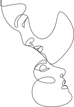 recommend clip art: The silhouette of kissing couple faces drawn in one continuous line. Vector illustration