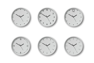 Vector 3d Round Wall Office Clock with White Clock Dial Set Closeup Isolated. Watches, Design Template, Mock-up for Branding, Advertise. Vector Simple Minimalistic Clocks, Watches in Front View