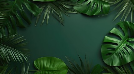 Eco green palm leaves on tropical color background, minimal.