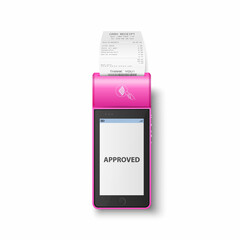 Fototapeta na wymiar Vector 3d Pink NFC Payment Machine with Approved Status and Paper Receipt, Bill. Wi-fi, Wireless Payment. POS Terminal, Machine Design Template of Bank Payment Contactless Terminal, Mockup. Top View
