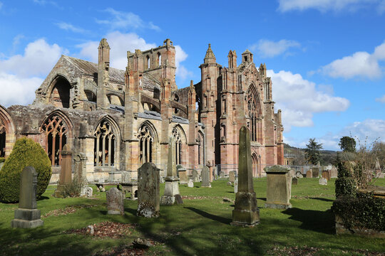 The beautiful ruined Abbey of St. Mary found in Melrose a town in the Scottish borders in the UK. 