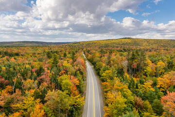 Scenic fall drive with autumn colors - rural Maine highway 16