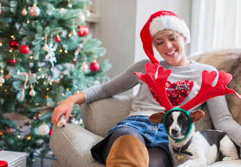 Woman sitting on sofa dog wearing reindeer antlers near Christmas tree