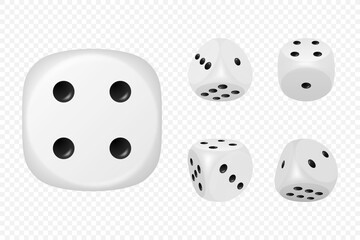 Vector 3d Realistic White Game Dice with Black Dots Set in Different Positions Isolated. Gambling Games Design, Casino, Poker, Tabletop, Board Games. Realistic Cubes with Random Numbers, Rounded Edges