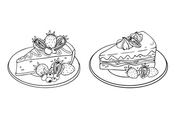 Linear sketch of cake pieces with strawberries, blueberries.Vector graphics.
