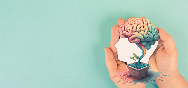 Hands Holding Paper Head, Human Brain Grows From Tree, Self Care And Mental Health Concept, Positive Thinking, Creative Mind, Generative AI Used For Brain