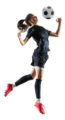 Active young woman in uniform, football player in motion, training, playing isolated on transparent...