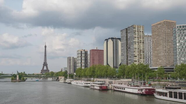 Paris France time lapse 4K, city skyline timelapse at Eiffel Tower and Seine River