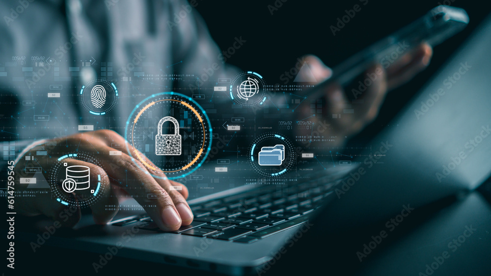 Wall mural cyber security concept ,computer network and communication,system administrator working in laptop fo