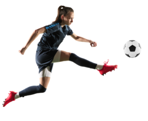 Young sportive woman, professional football, soccer player in motion, kicking ball isolated on transparent background. Concept of professional sport, competition, hobby, action and motion