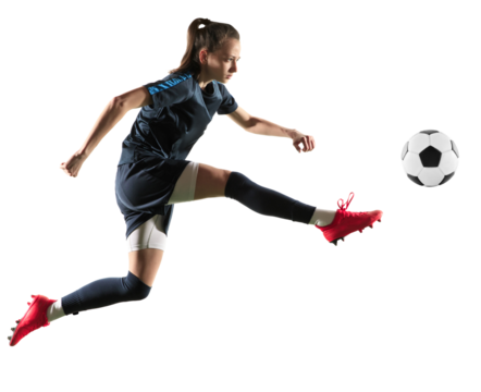 Young sportive woman, professional football, soccer player in motion, kicking ball isolated on transparent background. Concept of professional sport, competition, hobby, action and motion