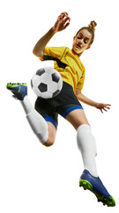 Fototapeta na wymiar Hitting ball in a jump. Young professional football, soccer player in motion, training, playing isolated on transparent background Concept of professional sport, competition, hobby, action and motion