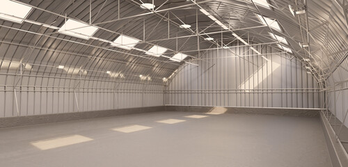 Empty warehouse Storage warehouse Curved roof 3d illustration
