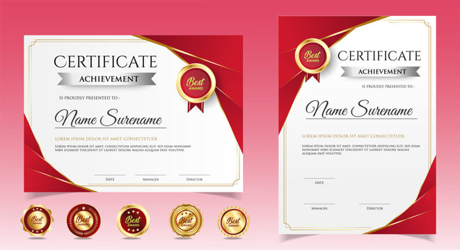 Elegant gradient golden red luxury certificate with badges. vector - Powered by Adobe