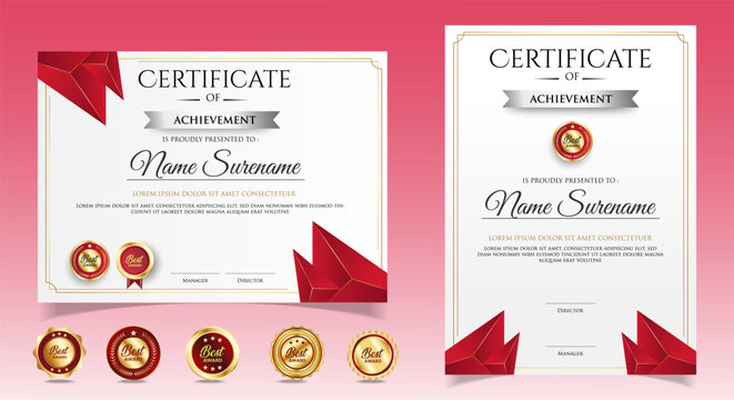 Elegant gradient golden red luxury certificate with badges. vector