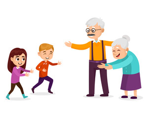 Cartoon illustration of happy children characters visiting and hugging grandparents isolated on white background. Grandfather and grandmother are meeting with grandchildren. Family reunion.