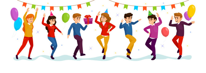Happy people partying isolated on white background with garland decorations, balloons and confetti. Birthday celebration party with men and women smiling and dancing. Cartoon vector illustration.