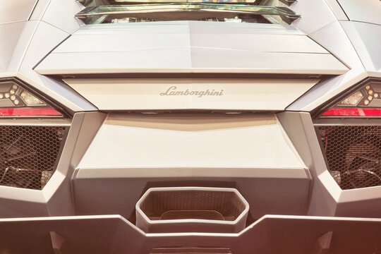 Rear closeup view of a grey Lamborghini Aventador sports car in Essen, Germany on March 23, 2022
