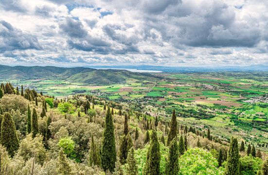 View over Val di Chiana from the city of Cortona,Tuscany Italy