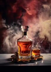 Whiskey bottle and glass on a black background with smoke ai generated