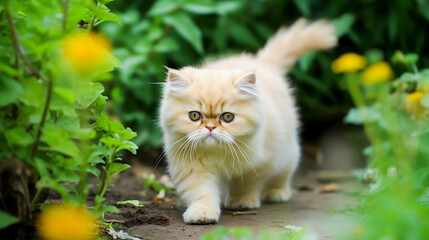 Naklejka na ściany i meble cute kitten playing in the flower garden.