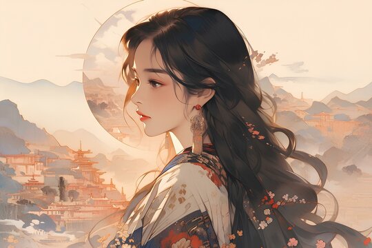 beautiful korean girl in the traditional korean town of eclipse, korean watercolor art on rough paper, detailed character illustration. generative AI