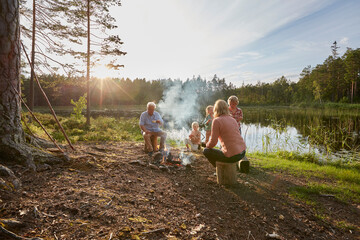 Grandparents grandchildren enjoying campfire at sunny lakeside in woods
