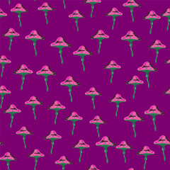 Seamless pattern with fairytail mushrooms. Magical fly agaric wallpaper.