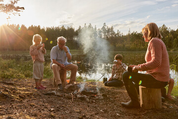 Grandparents and grandchildren enjoying campfire at sunny lakeside - obrazy, fototapety, plakaty