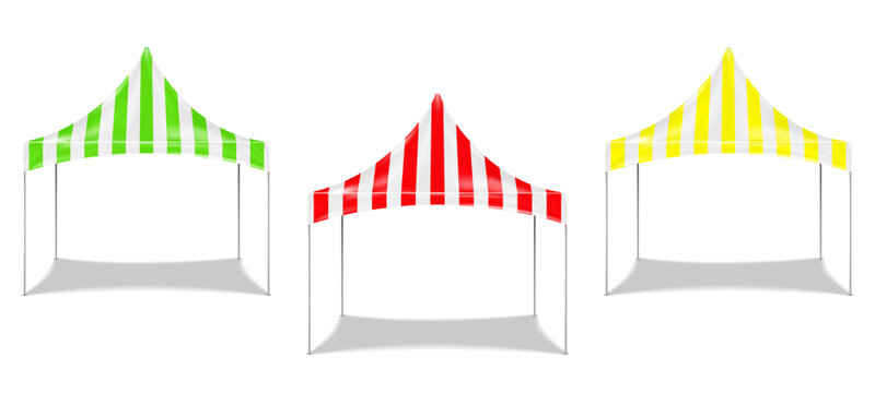 Striped green, red, yellow and white canopy tent. Pop-up gazebo. Folding marquee. Outdoor summer event portable instant shelter. Color set. Easy editable vector illustration