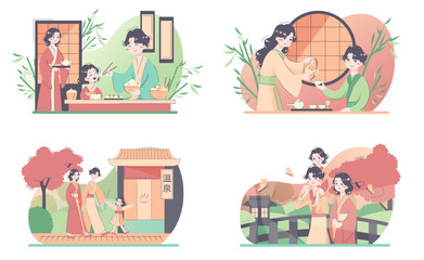 Fototapeta premium Daily routine of a japanese man set. Modern clerk working, spending