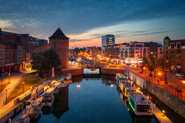 The Main Town of Gdansk by the Motlawa riover at sunset, Poland