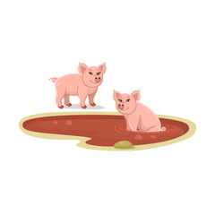 Pigs in a puddle of mud. Cartoon pigs in a puddle of mud for kids. Farm animals.Vector illustration