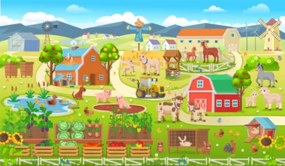 Fotobehang Boerderij Farm panorama with a greenhouse, barn, houses, mills, fields, trees and farm animals.Big scene with farm animals for kids.Vector illustration in cartoon style.  © NADEZHDA