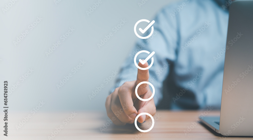 Poster Businessman hand point to tick correct sign mark in checkbox for quality document control checklist and business approve project concept.