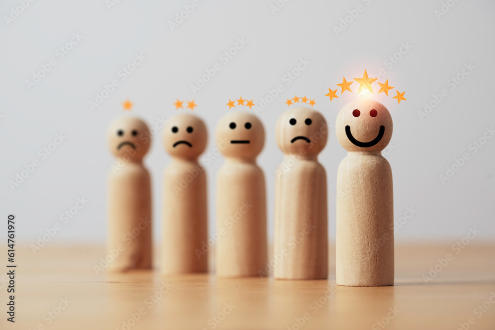 Poster wooden figure smile with five stars for client excellent evaluate after use product and service conc