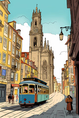 Naklejka na ściany i meble Illustration of a portuguese city with a tram, Portugal
