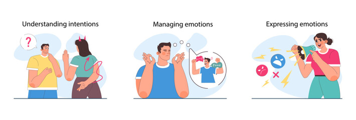 Emotional intelligence set. Emotion balance and control skill. Positive aspects