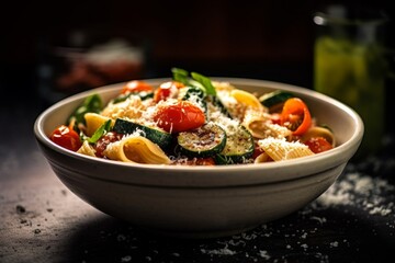 bowl of Orecchiette pasta with roasted vegetables and a sprinkle of parmesan cheese