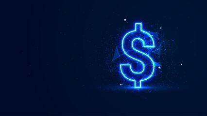 Futuristic glowing dollar sign with plexus lines and glitter particles. A dollar symbol in the neon light style. 3D abstract copy space in the night concept. Digital technology background