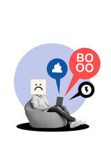 Collage illustration image of headless absurd unhappy man using laptop read trolling mockery social...