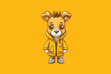 Cute giraffe cartoon character in raincoat, vector illustration.