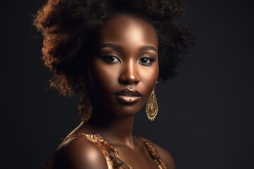 Beautiful african american woman with afro hairstyle and makeup, Generative AI
