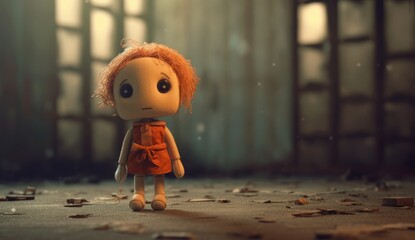 Illustration of a doll with orange hair sitting on the ground next to a wall created with Generative AI technology